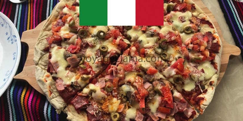 Pizza with olives and tomato, cook it at home.