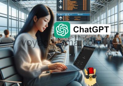 A realistic image of a traveler sitting at an airport terminal, using a laptop. The traveler, a young Asian woman, is focused on her laptop screen